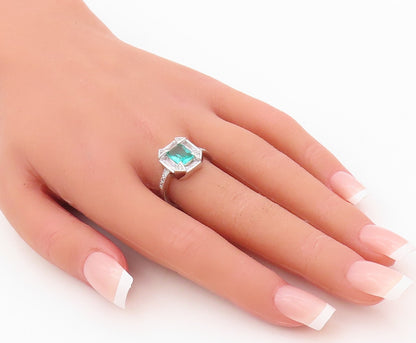 925 Sterling Silver Vintage Ring Rectangle Sea Green & White CZ  Sz 7 RG30448