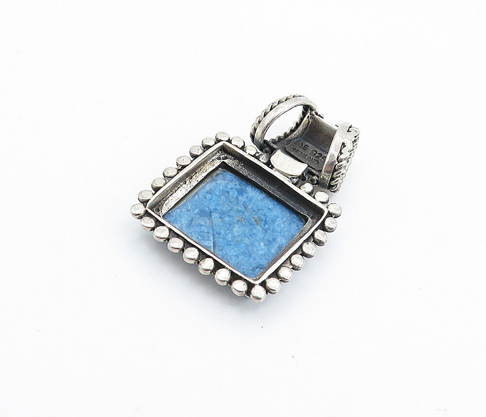 925 Sterling Silver  Vintage Blue Jasper Bubble Border Square Pendant  PT4286