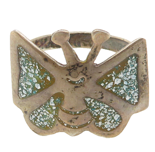 MEXICO 925 Silver Vintage Antique Turquoise Butterfly Band Ring Sz 7  RG17506