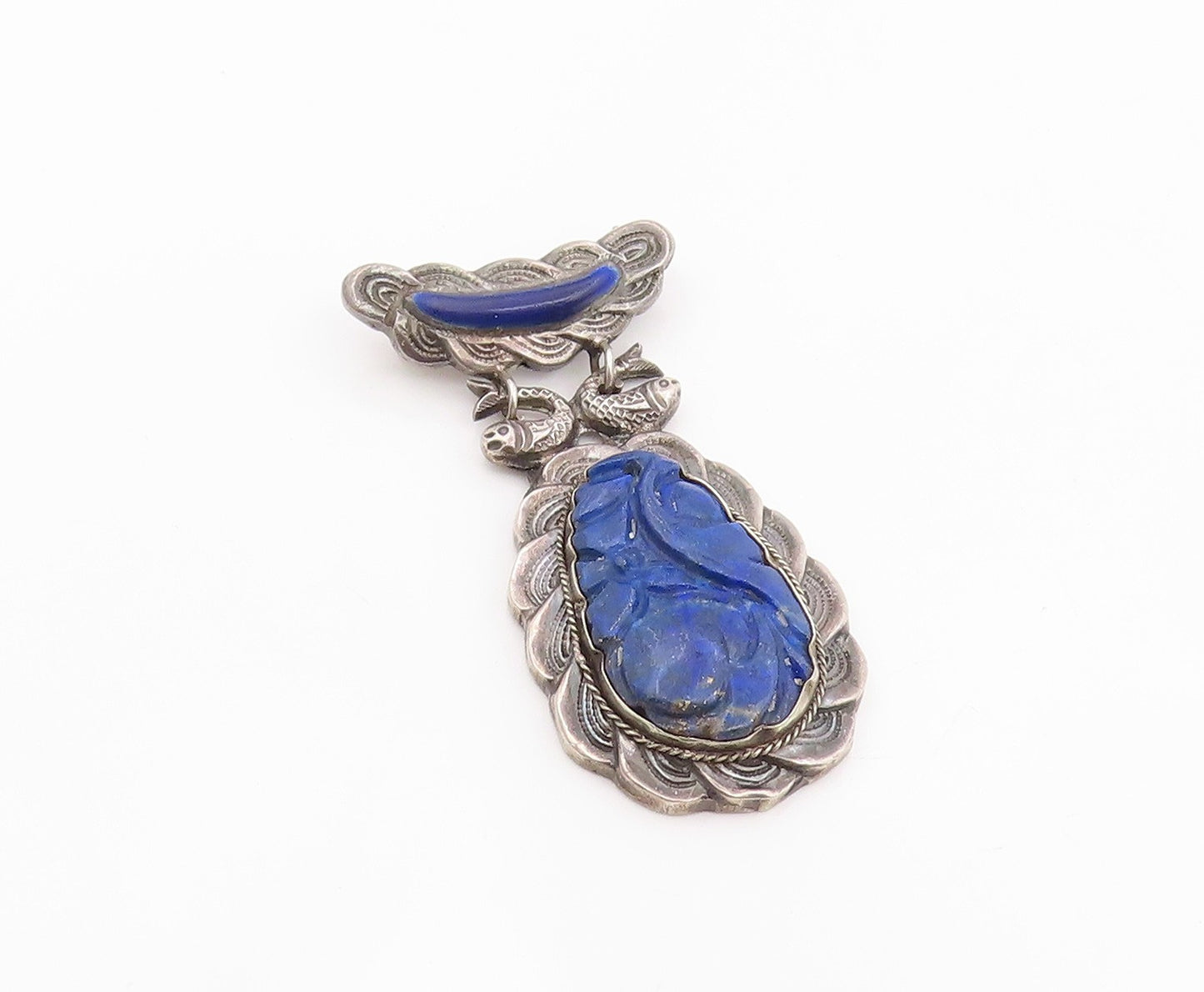 925 Sterling Silver Vintage Brooch Pin CHINESE EXPORT Lapis Lazuli  BP12532