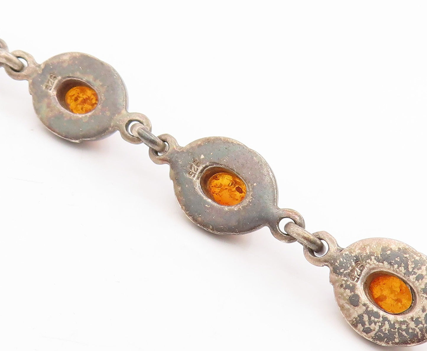 925 Sterling Silver Vintage Bracelet Cabochon Honey Amber Solid Link  BT11697