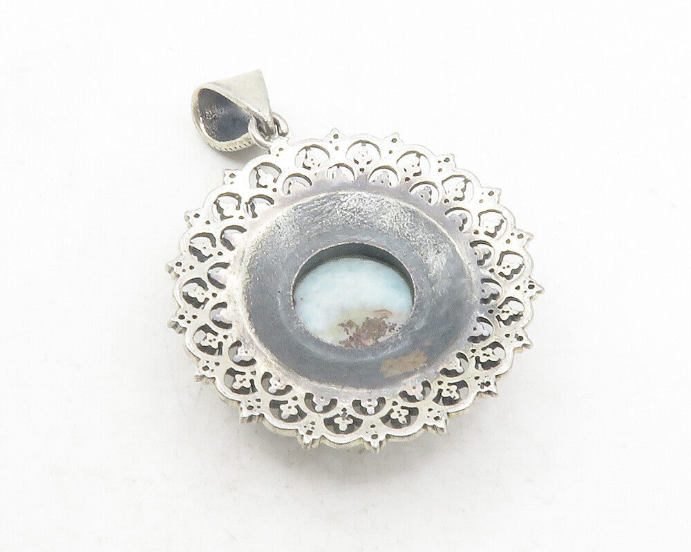 925 Sterling Silver  Vintage Cabochon Larimar Floral Pattern Pendant  PT9540
