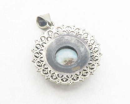 925 Sterling Silver  Vintage Cabochon Larimar Floral Pattern Pendant  PT9540
