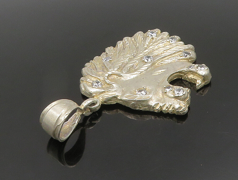 925 Silver  Vintage Carved Roaring Lion Head Cubic Zirconia Pendant  PT20394