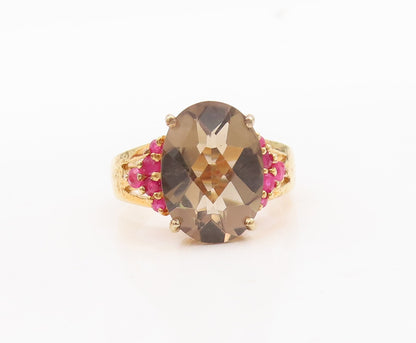 925 Sterling Silver Vintage Ring Gold Plated Smoky Quartz & Ruby  Sz 7  RG29770