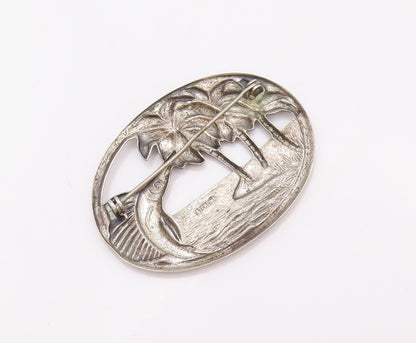 925 Sterling Silver Vintage Brooch Pin Solid Cutout Fish Beach Landscape BP11193