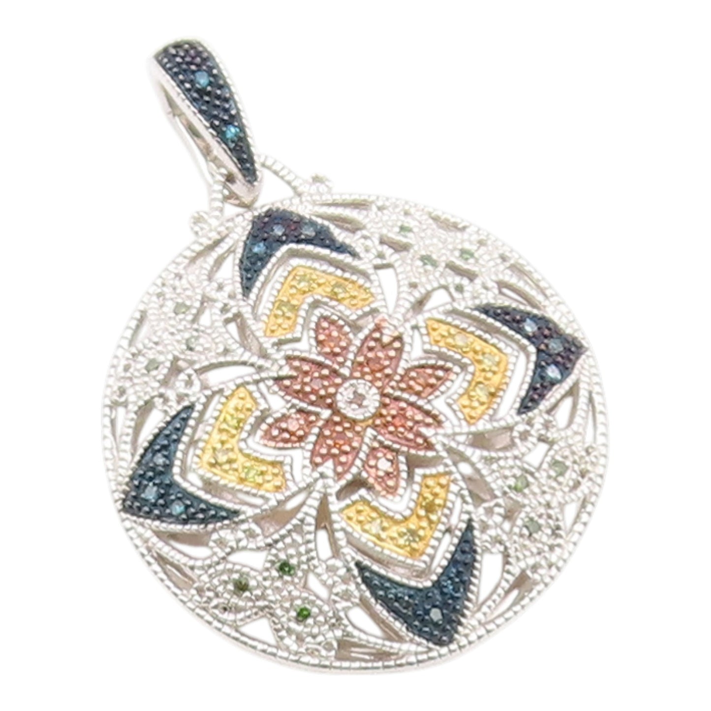 925 Sterling Silver Vintage Pendant Real Diamonds Floral Mandala  PT26241