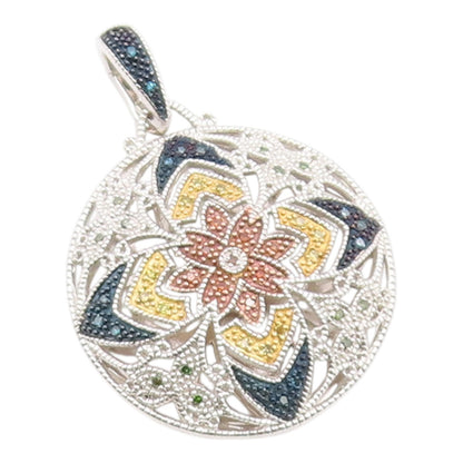 925 Sterling Silver Vintage Pendant Real Diamonds Floral Mandala  PT26241