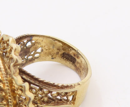 925 Sterling Silver Vintage Ring Gold Plated Enameled Floral Carved Sz 6 RG28865