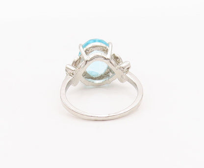 925 Sterling Silver Vintage Ring Oval Cut Blue & White CZ Carved  Sz 9  RG28472