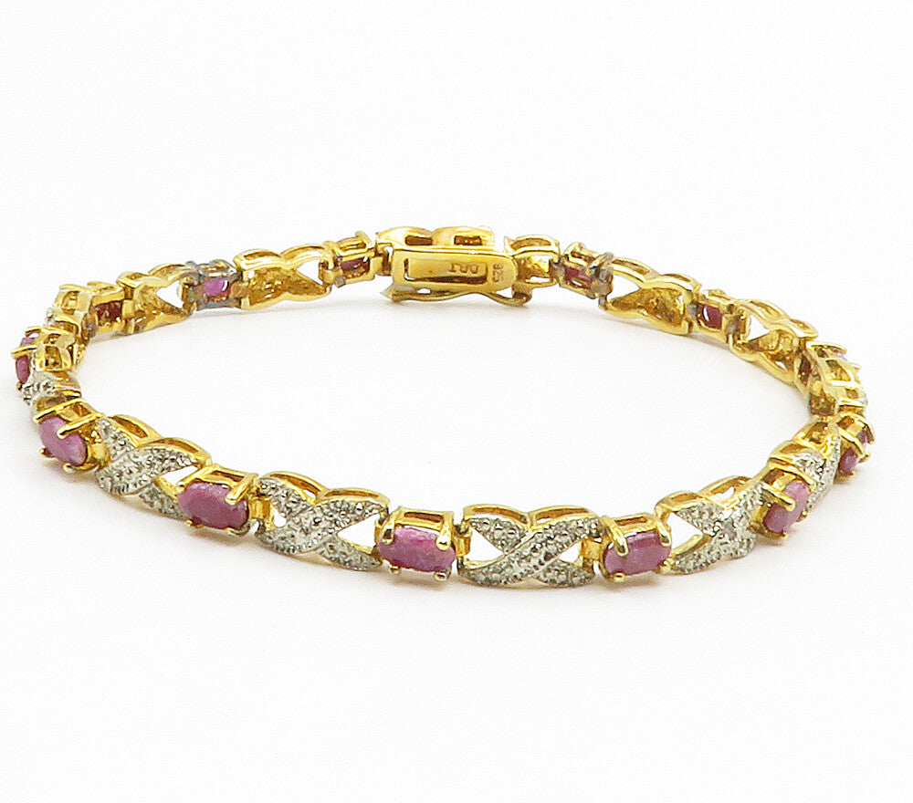 925 Sterling Silver  Genuine Diamonds & Ruby Shiny Chain Bracelet  BT5871