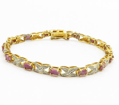 925 Sterling Silver  Genuine Diamonds & Ruby Shiny Chain Bracelet  BT5871