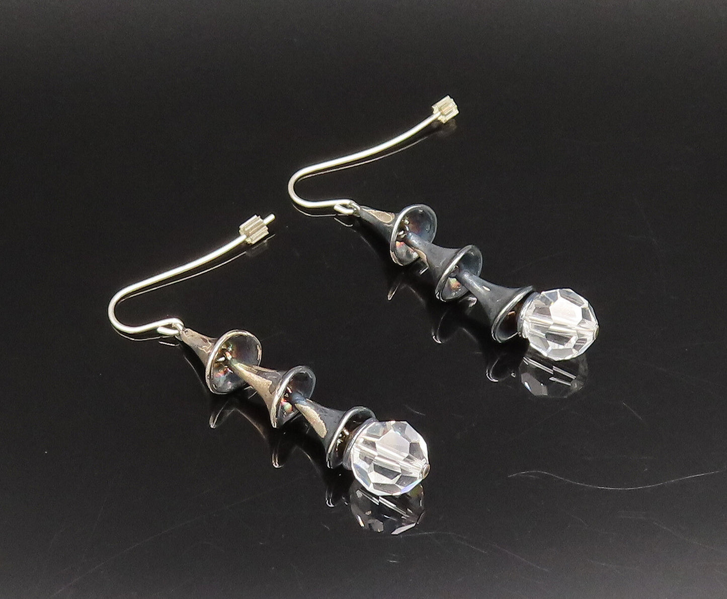 925 Silver  Vintage Clear Quartz Bead Three Cone Dangle Earrings  EG12186