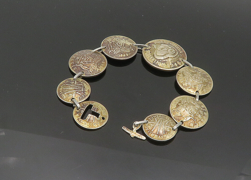 925 Sterling Silver  Vintage Australian Shilling Coin Chain Bracelet  BT8245