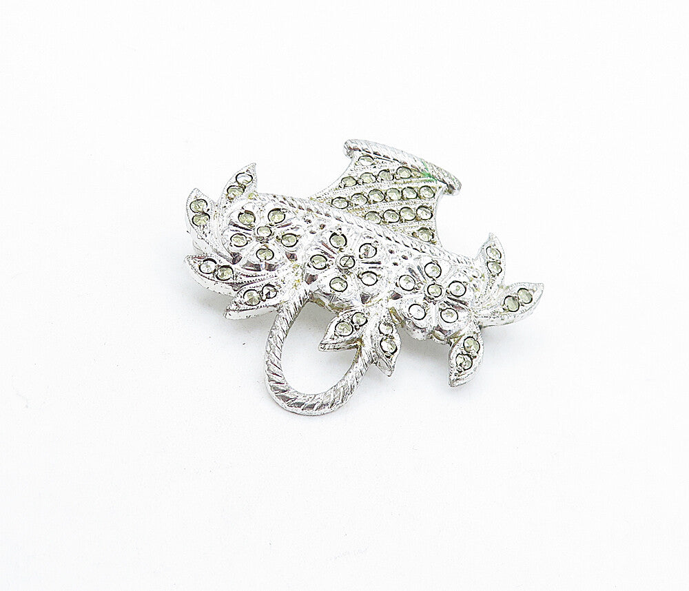 925 Sterling Silver  Vintage Sparkling Flower Basket Motif Brooch Pin  BP2223