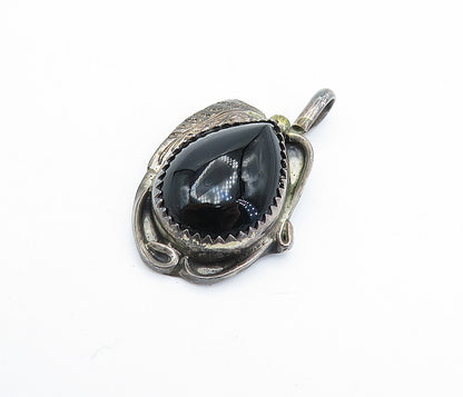 TOM TAYLOR NAVAJO 925 Silver  Vintage Black Onyx Floral Leaf Pendant  PT5374