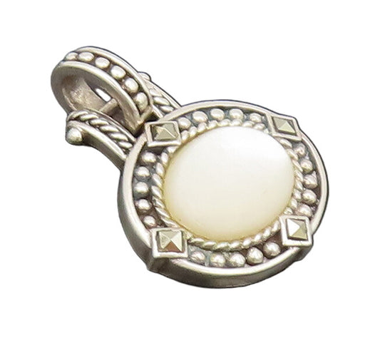 925 Sterling Silver Vintage Pendant Oval Abalone Halo Beaded Marcasite  PT22522