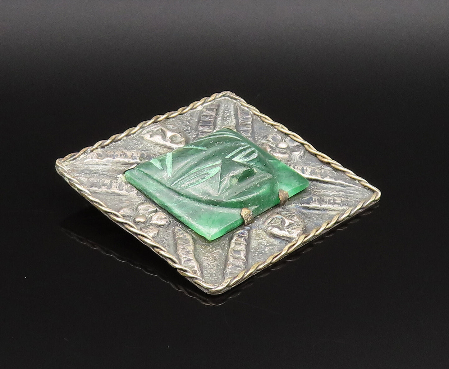 925 Silver  Vintage Antique Carved Malachite Theater Mask Brooch Pin  BP9777