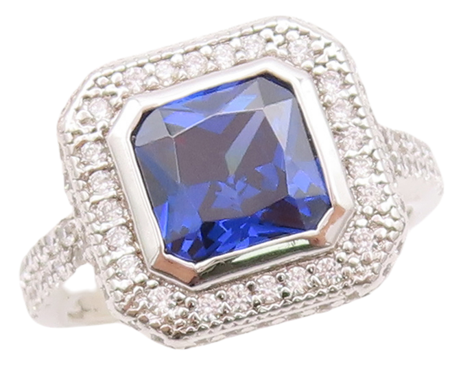 925 Sterling Silver Vintage Ring Square Cut Sapphire CZ Inlay Frame Sz 7 RG29793