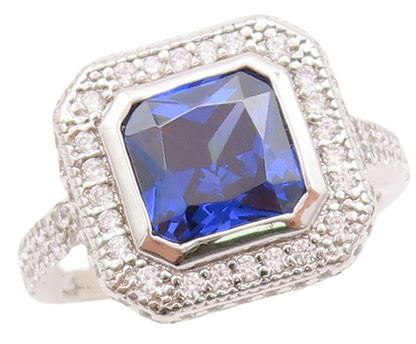 925 Sterling Silver Vintage Ring Square Cut Sapphire CZ Inlay Frame Sz 7 RG29793