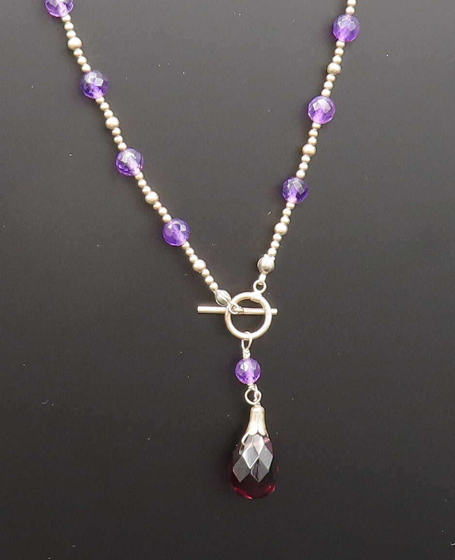 925 Silver  Vintage Unique Rhodolite Garnet & Amethyst Beads Necklace  NE4001