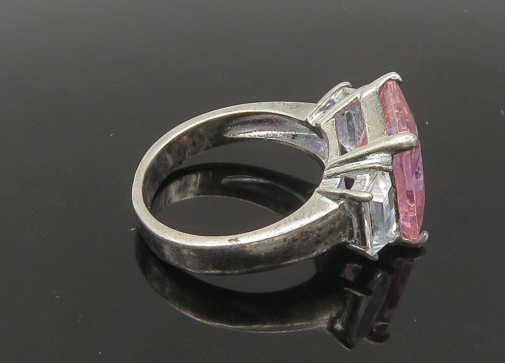 925 Sterling Silver Vintage Pink & White Cubic Zirconia Band Ring Sz 6 RG22289