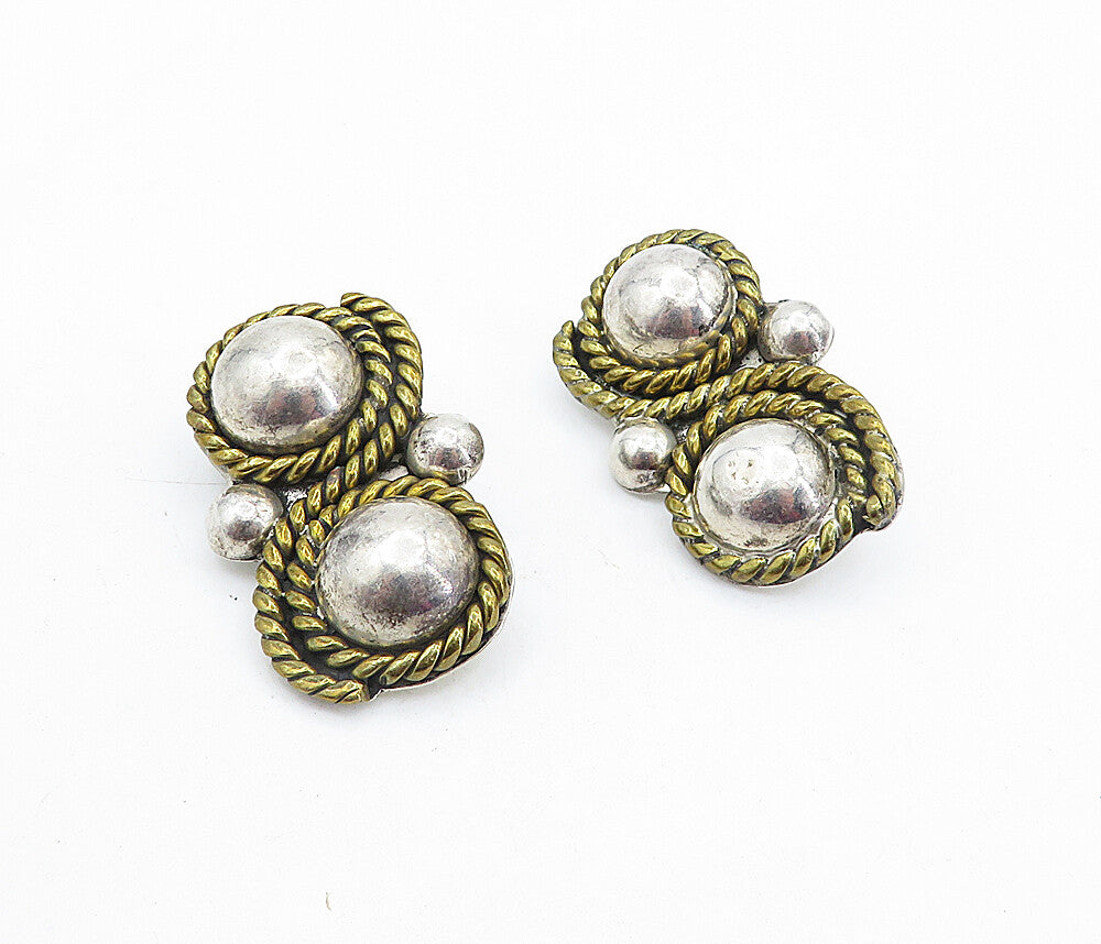 MEXICO 925 Sterling Silver  Vintage Two Tone Twist Non Pierce Earrings  EG2863