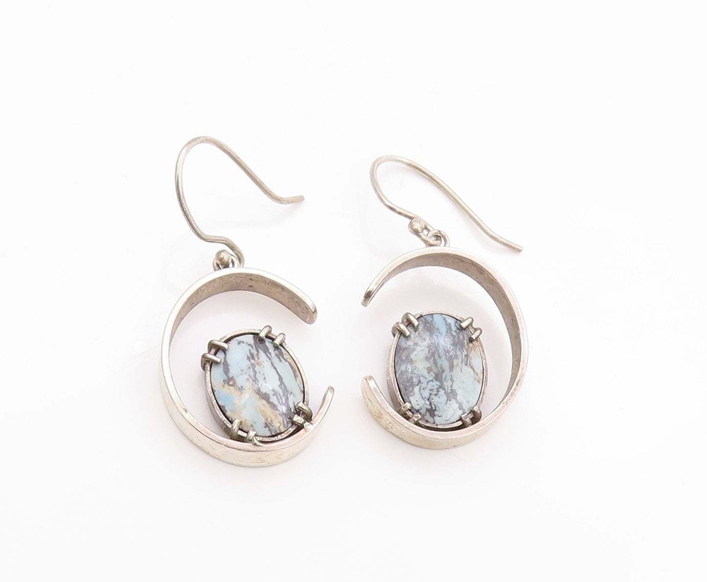 925 Sterling Silver Vintage Earrings Cutout Semi Circle With Gemstone  EG13540