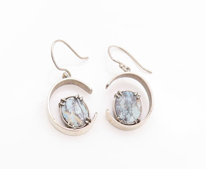 925 Sterling Silver Vintage Earrings Cutout Semi Circle With Gemstone  EG13540