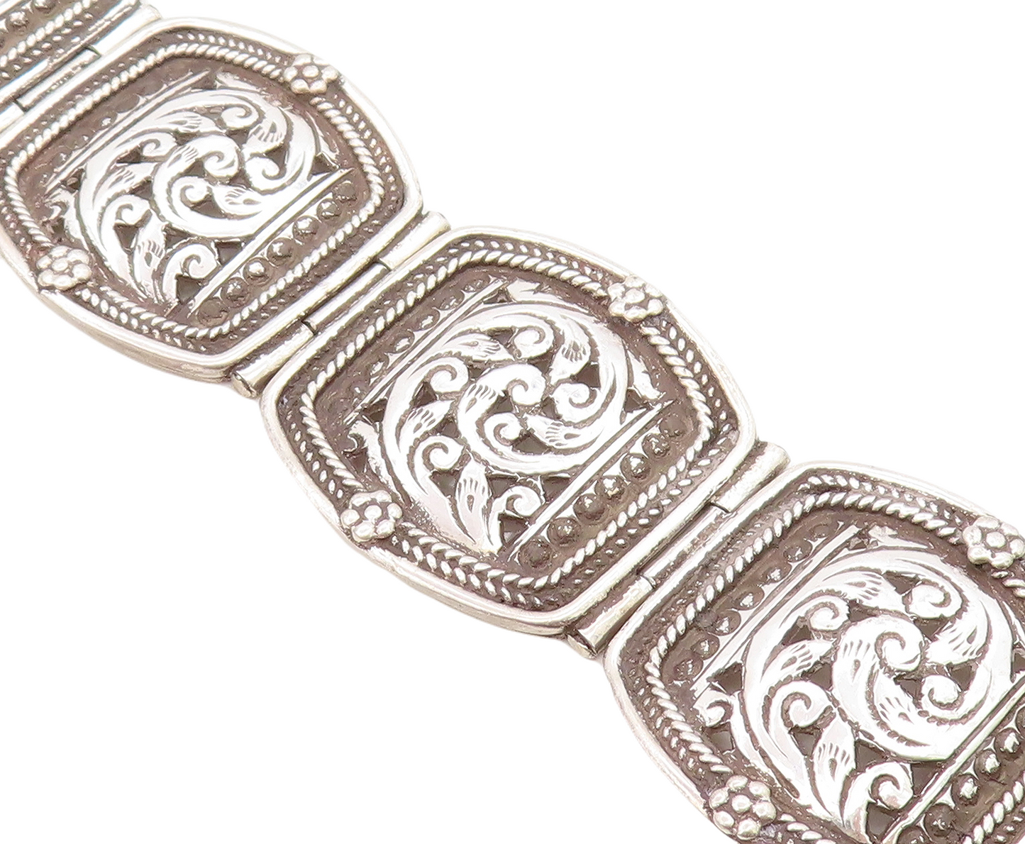 925 Sterling Silver  Vintage Antique Floral Swirl Wheat Chain Bracelet  BT2908