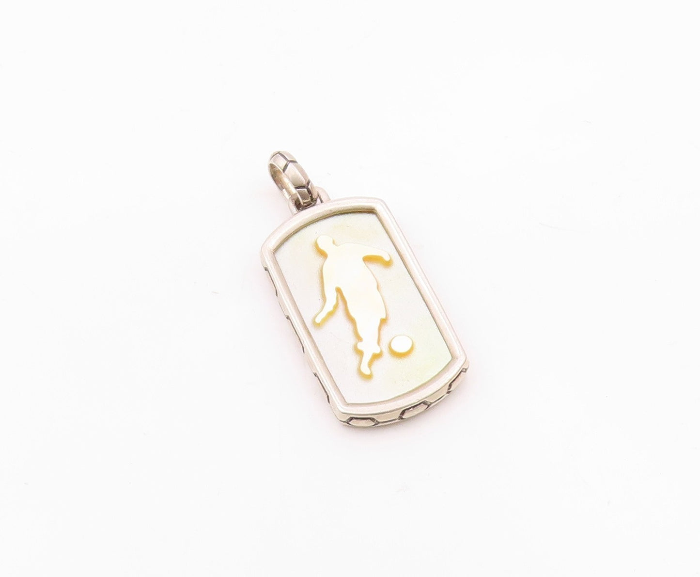 925 Silver  Vintage Carved Mother Of Pearl Soccer Player Pendant  PT21663