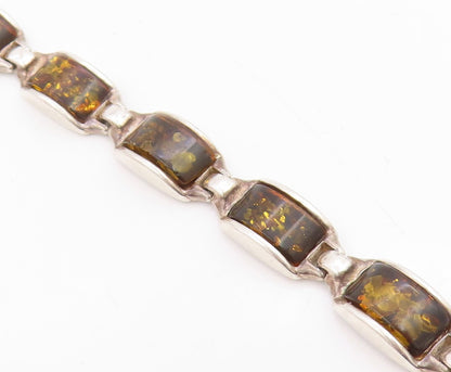 925 Sterling Silver Vintage Bracelet Chunky Baltic Amber Geometric Link  BT12084