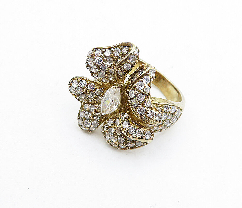 925 Sterling Silver  Vintage Cubic Zirconia Floral Cocktail Ring Sz 7  RG5185