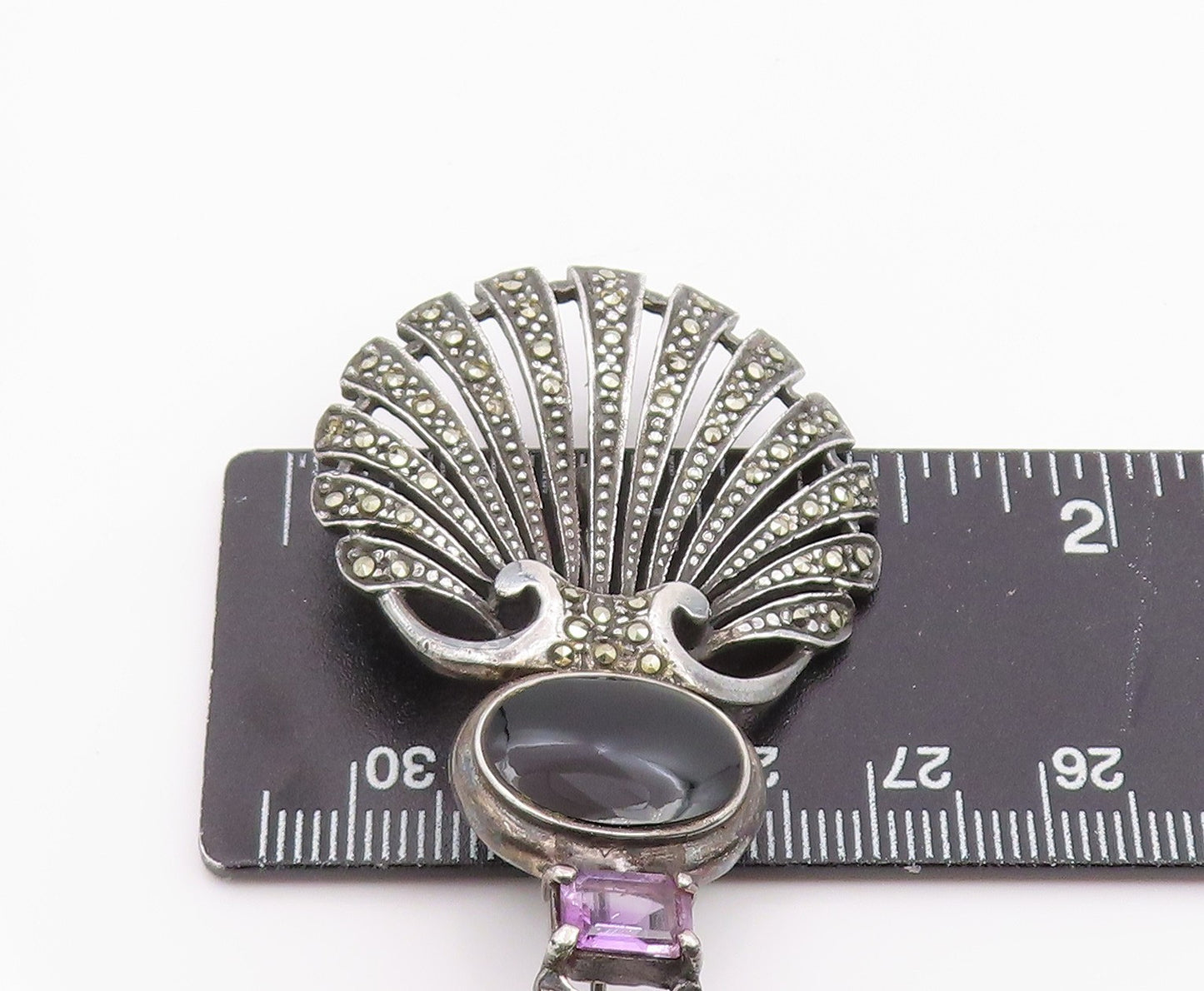 925 Sterling Silver Vintage Brooch Pin Multi Gemstone Shell Shaped Motif BP12447