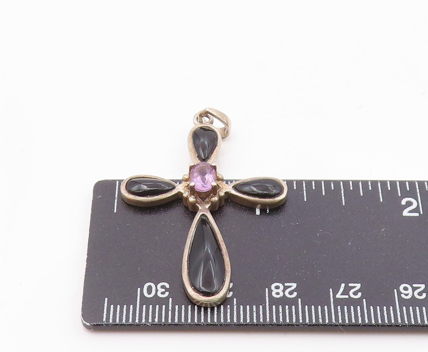 925 Silver  Vintage Amethyst & Black Onyx Religious Cross Pendant  PT21566