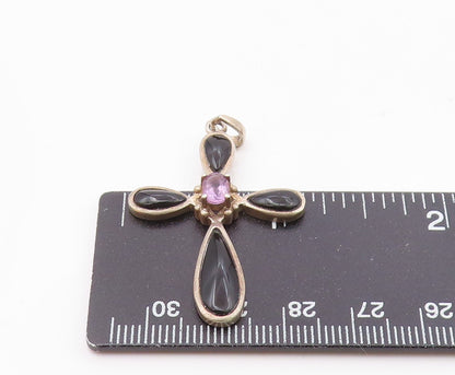 925 Silver  Vintage Amethyst & Black Onyx Religious Cross Pendant  PT21566