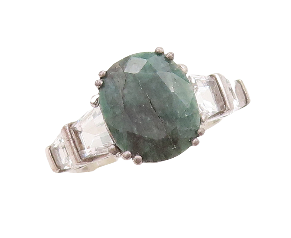 925 Sterling Silver Vintage Ring Green Oval Cut Gemstone & CZ  Sz 7  RG29500