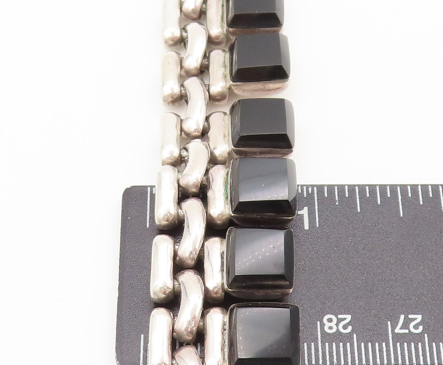 MEXICO 925 Sterling Silver Vintage Necklace Link Chain Onyx Heavy NE4206