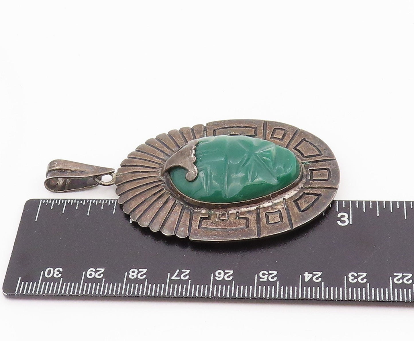 925 Sterling Silver Vintage Pendant MEXICO TAXCO Carved Green Onyx Mask  PT26044