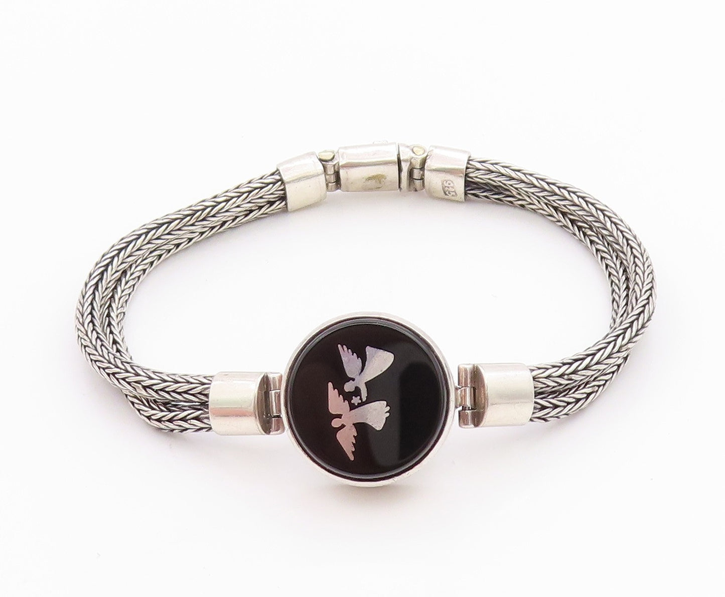 925 Sterling Silver Vintage Bracelet Enameled Flying Angels Roped Band  BT11307