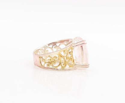 925 Sterling Silver Vintage Ring Gold Plated Swirly Cut Rose Quartz Sz 7 RG29226