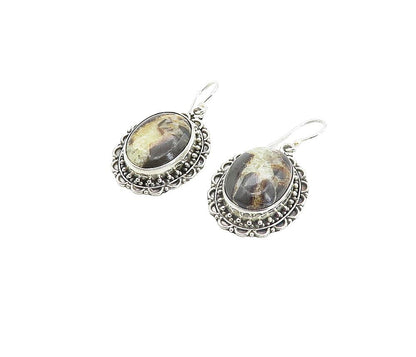 925 Sterling Silver  Vintage Cabochon Cut Jasper Floral Drop Earrings  EG3129