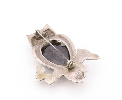 925 Sterling Silver Vintage Brooch MEXICO Onyx Inlay Carved Night Owl  BP11539