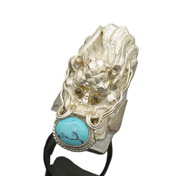 925 Silver  Vintage Turquoise & Black Onyx Dragon Head Ring Sz 9.5  RG20050