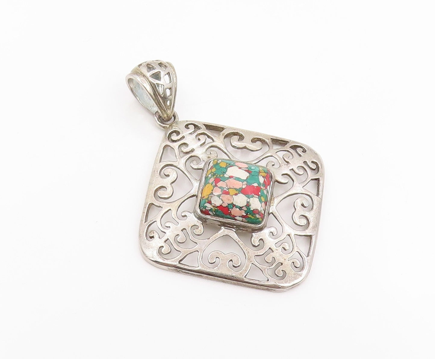 925 Sterling Silver Vintage Pendant Gemstone Classic Openwork Square  PT26118