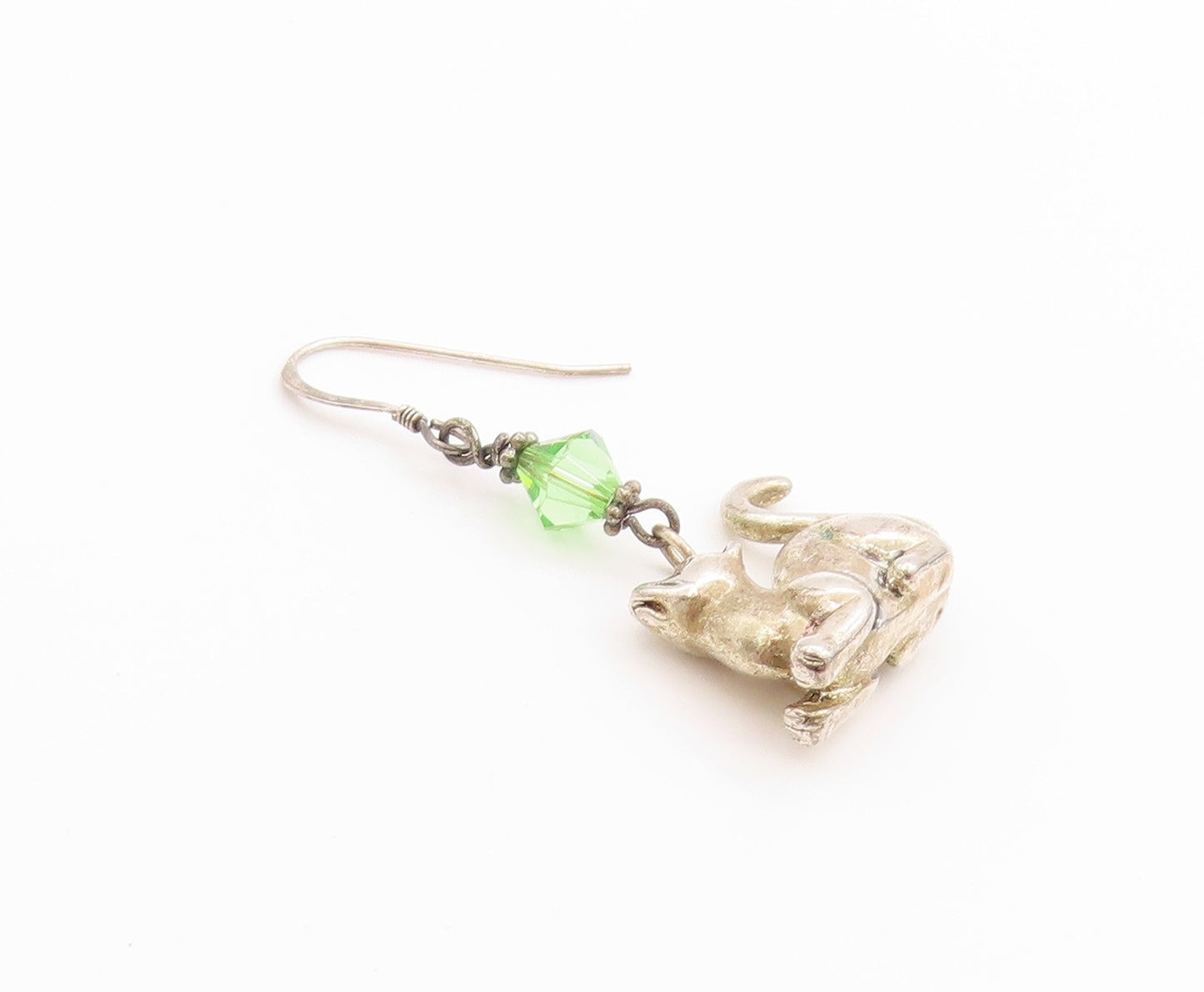 925 Sterling Silver Vintage Earrings Lucky Cat Charm with Green Sparkle  EG13710