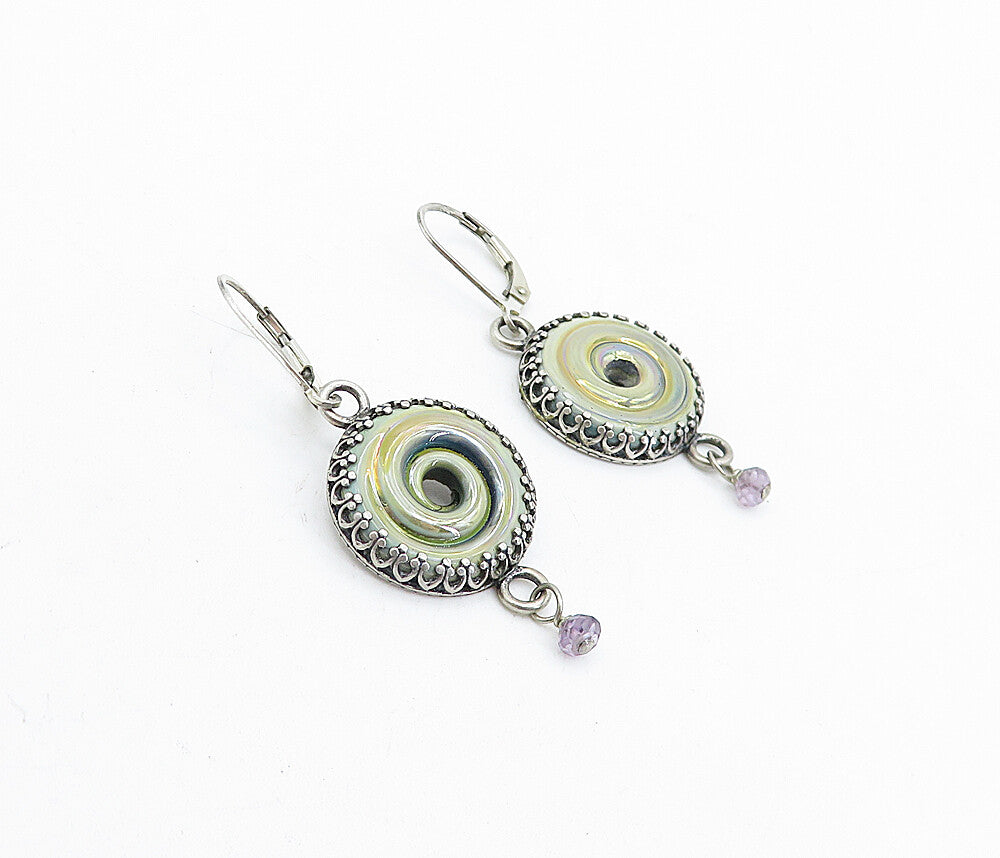 925 Sterling Silver  Vintage Shiny Enamel Coated Spiral Dangle Earrings EG2404