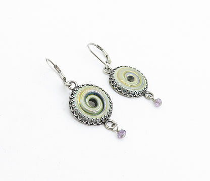 925 Sterling Silver  Vintage Shiny Enamel Coated Spiral Dangle Earrings EG2404