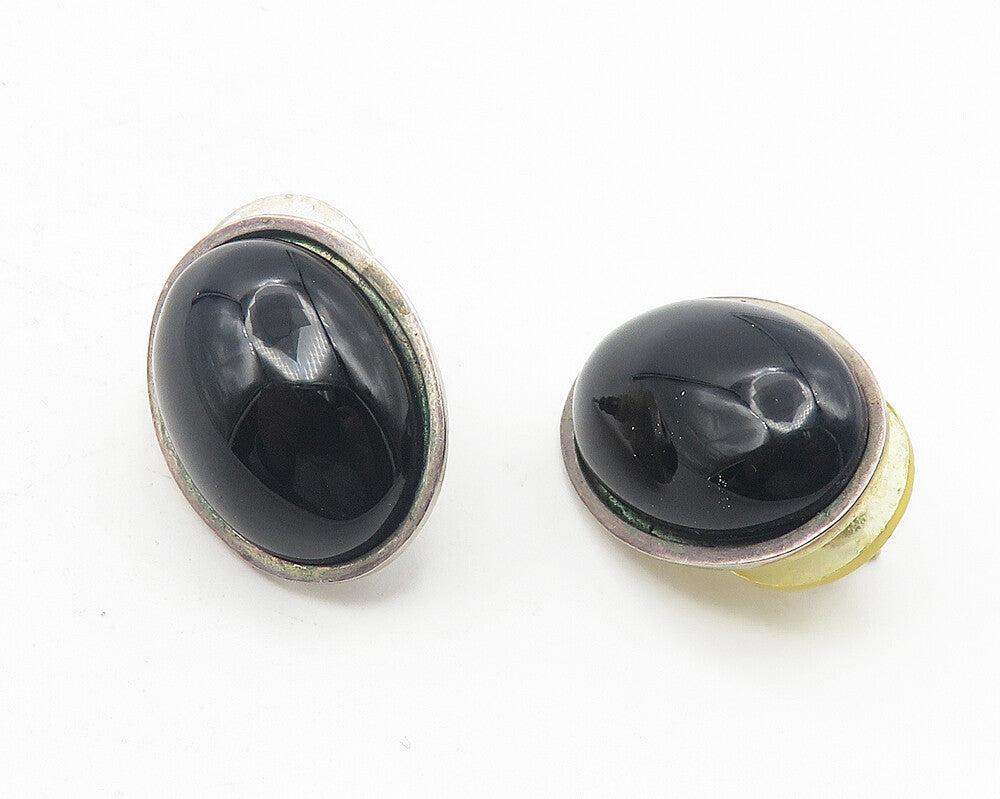 925 Sterling Silver  Vintage Cabochon Cut Black Onyx Drop Earrings  EG5988