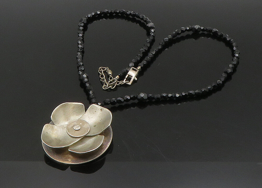 925 Sterling Silver  Vintage Black Spinel Beaded Floral Chain Necklace  NE3711